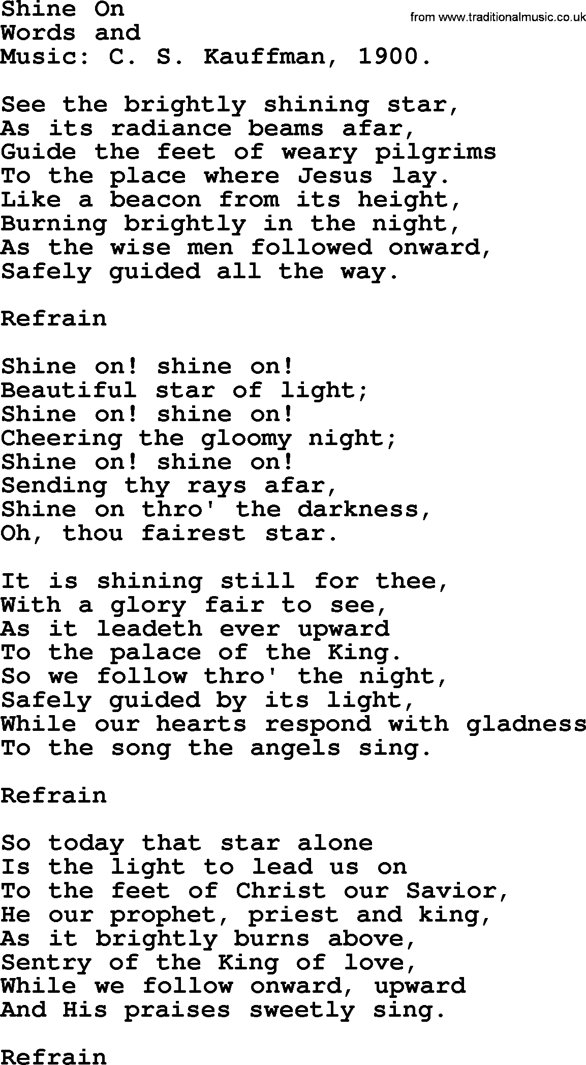 Christmas Hymns, Carols and Songs, title: Shine On, lyrics with PDF