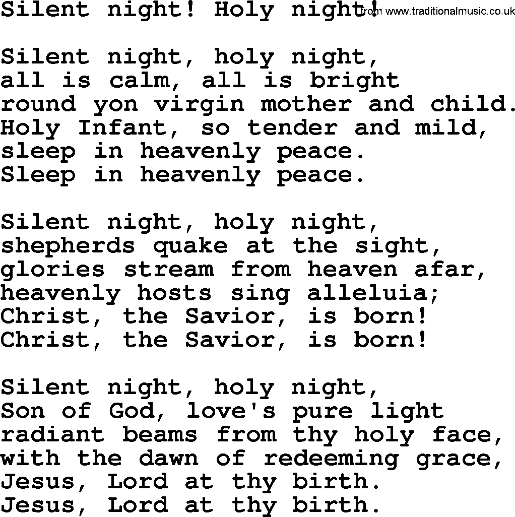 Christmas Hymns, Carols and Songs, title: Silent Night! Holy Night! - complete lyrics, and PDF