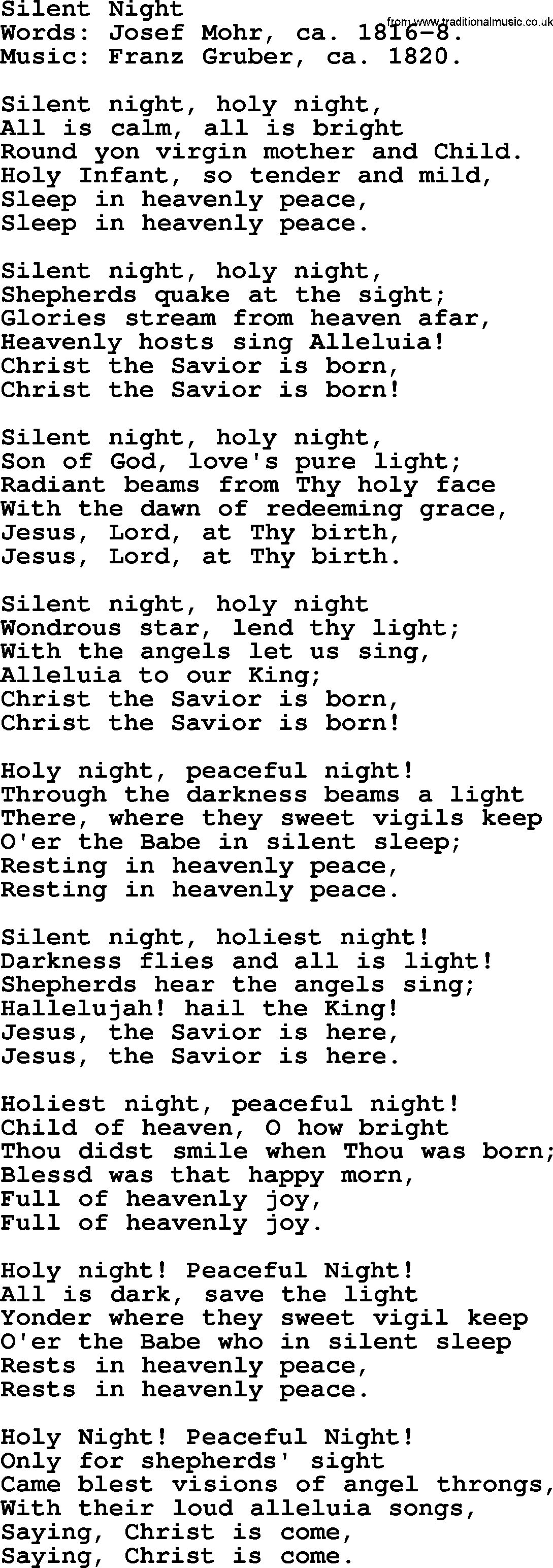 Christmas Hymns, Carols and Songs, title Silent Night complete