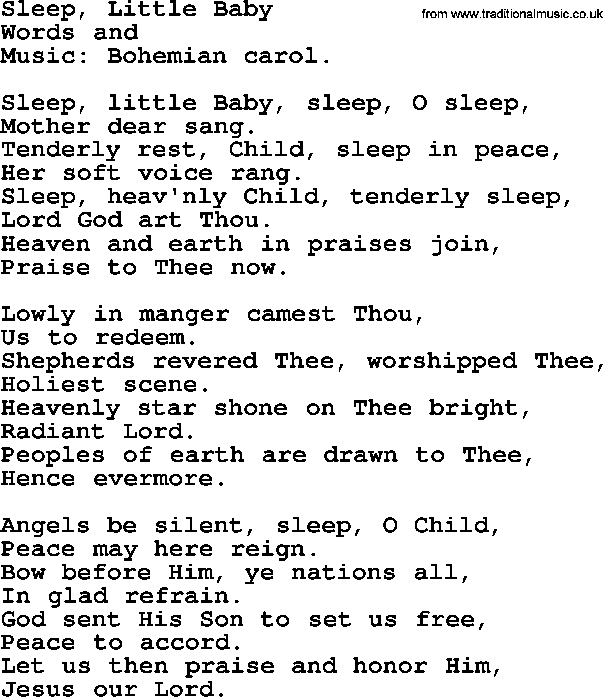 Christmas Hymns, Carols and Songs, title: Sleep, Little Baby, lyrics with PDF