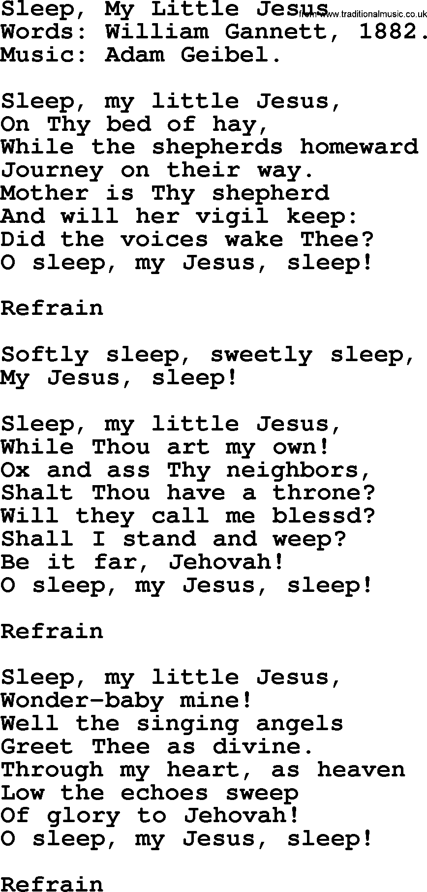 Christmas Hymns, Carols and Songs, title: Sleep, My Little Jesus, lyrics with PDF