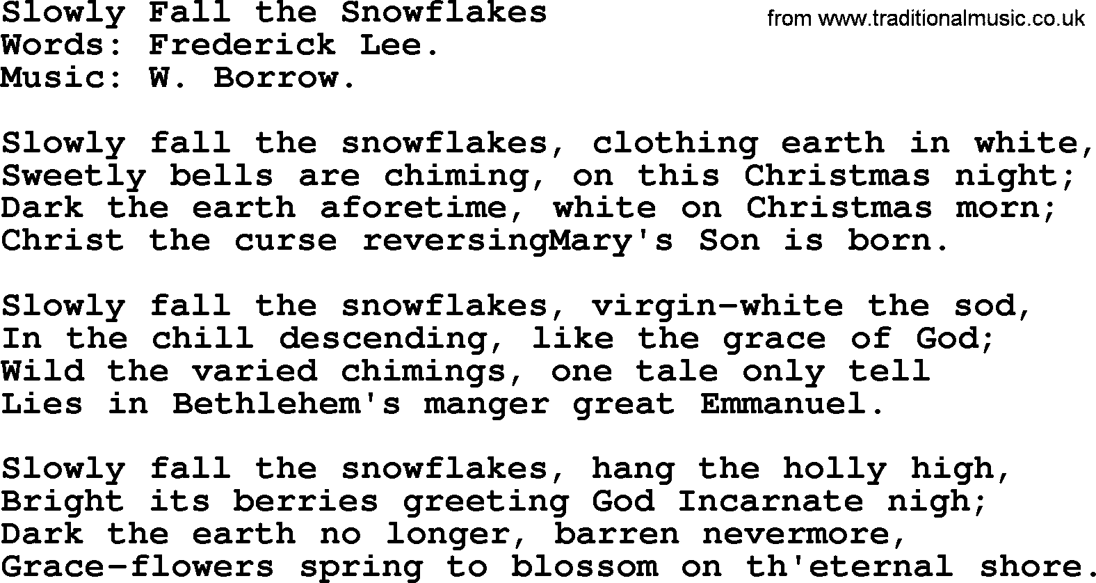 Christmas Hymns, Carols and Songs, title: Slowly Fall The Snowflakes, lyrics with PDF