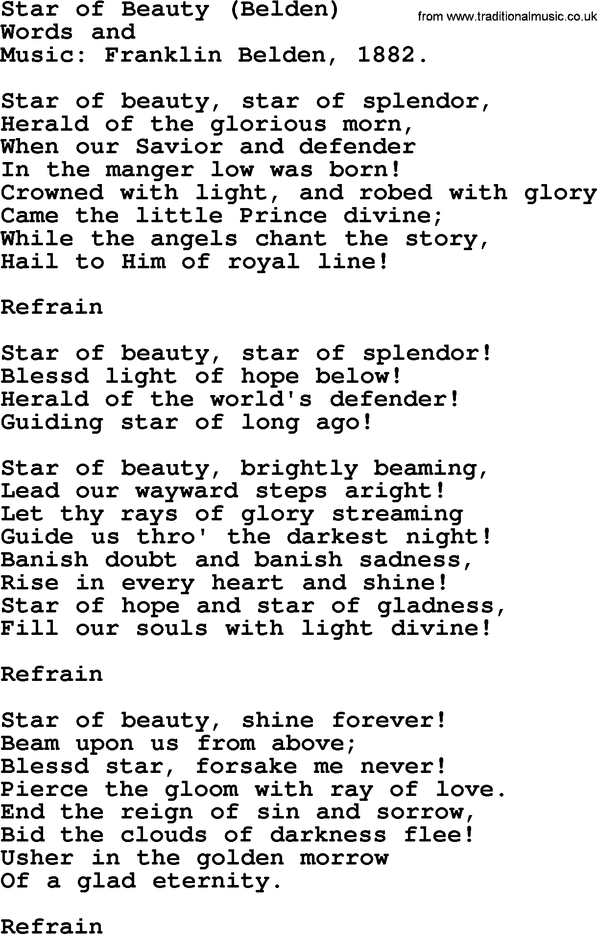 Christmas Hymns, Carols and Songs, title: Star Of Beauty (belden), lyrics with PDF
