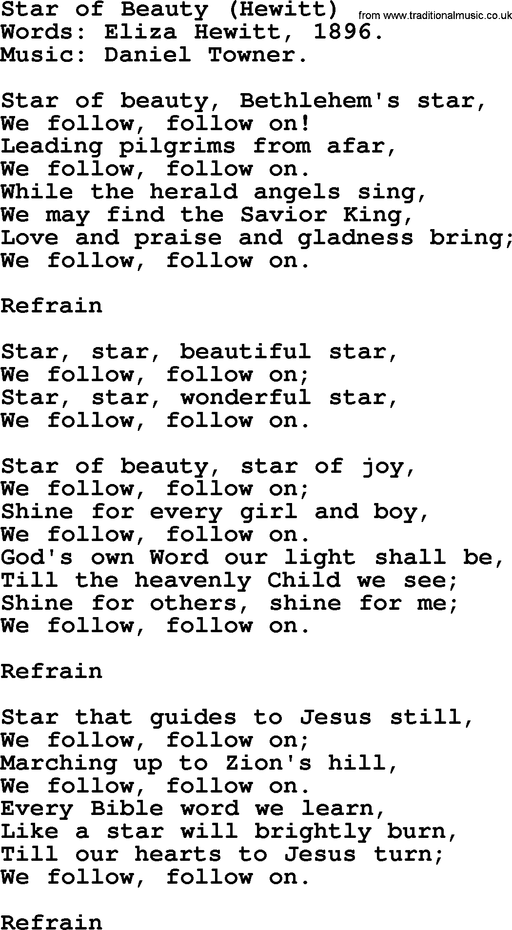 Christmas Hymns, Carols and Songs, title: Star Of Beauty (hewitt), lyrics with PDF