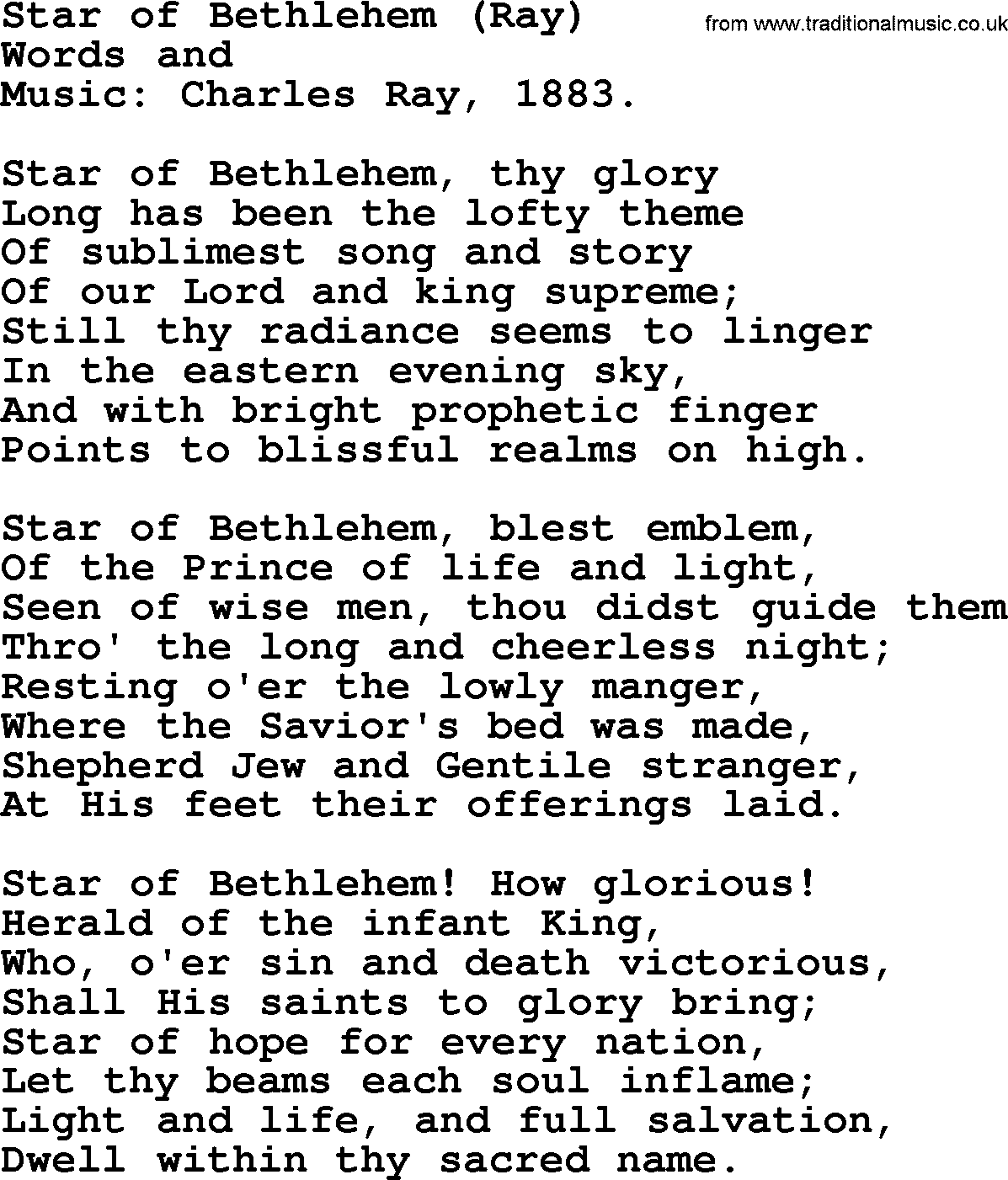 Christmas Hymns, Carols and Songs, title: Star Of Bethlehem (ray), lyrics with PDF