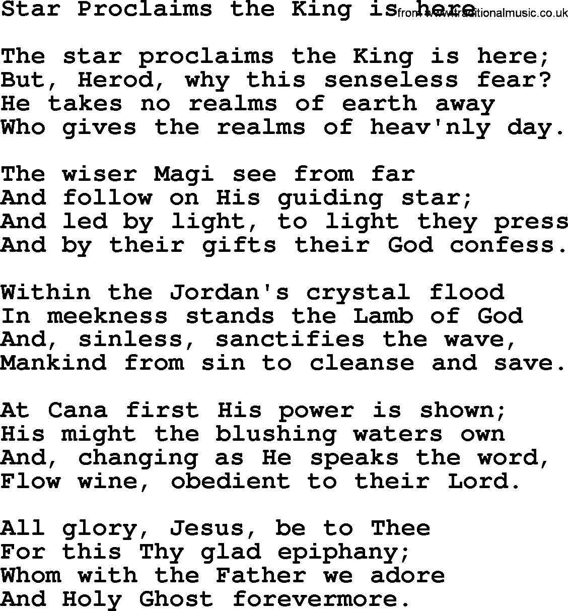 Christmas Hymns, Carols and Songs, title: Star Proclaims The King Is Here, lyrics with PDF