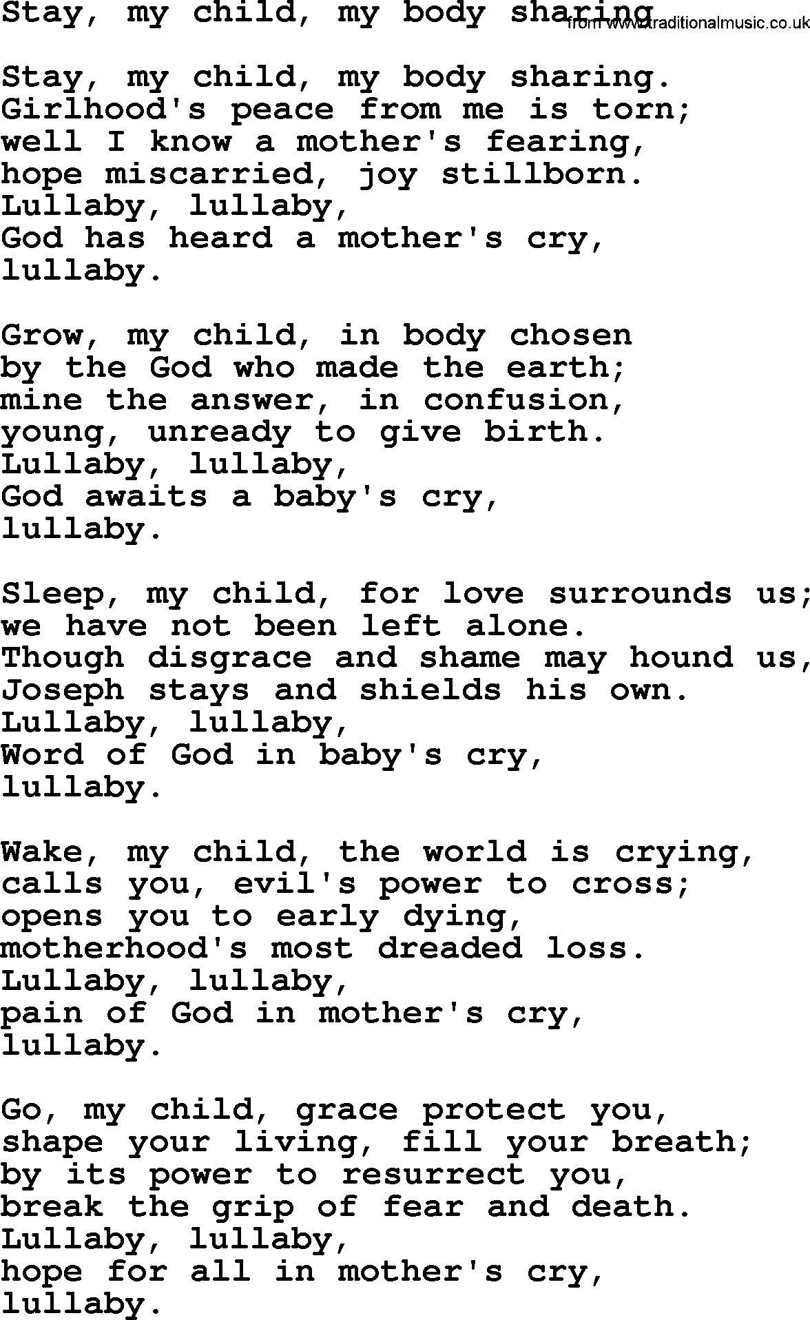 Christmas Hymns, Carols and Songs, title: Stay, My Child, My Body Sharing, lyrics with PDF