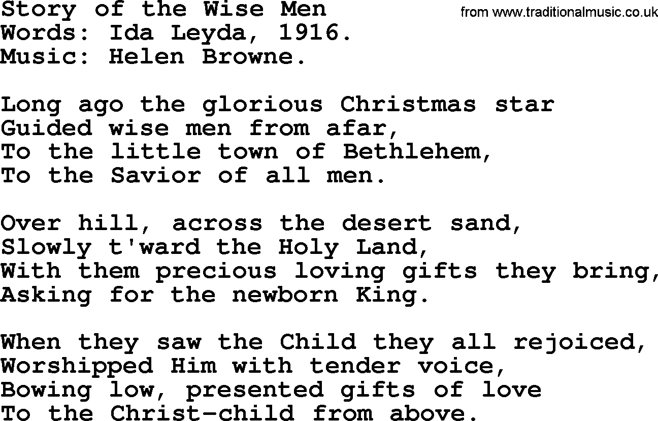 Christmas Hymns, Carols and Songs, title: Story Of The Wise Men, lyrics with PDF