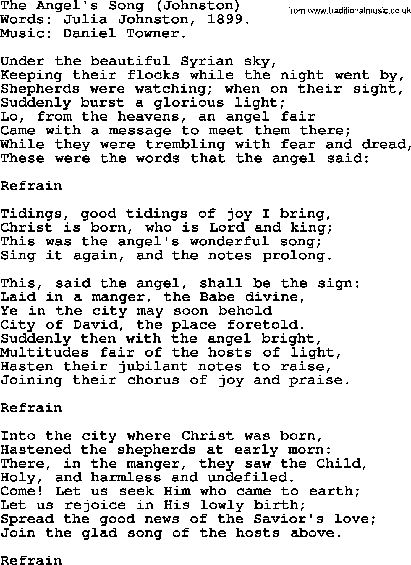 Christmas Hymns, Carols and Songs, title: The Angel's Song (johnston) - complete lyrics, and PDF