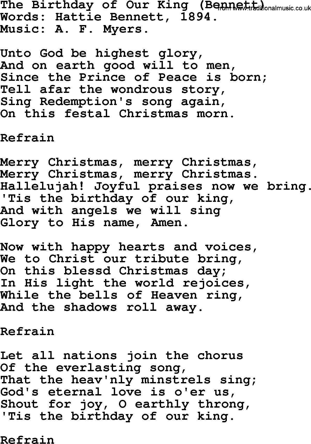 Christmas Hymns, Carols and Songs, title: The Birthday Of Our King (bennett), lyrics with PDF