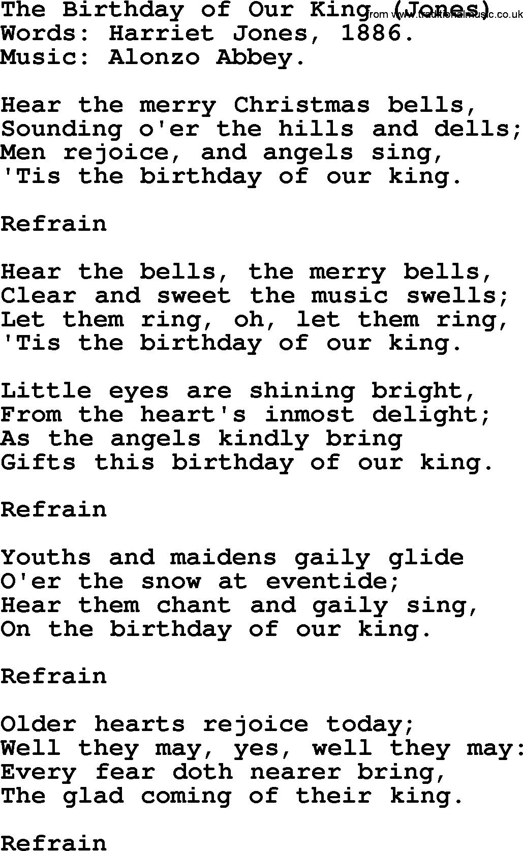 Christmas Hymns, Carols and Songs, title: The Birthday Of Our King (jones), lyrics with PDF