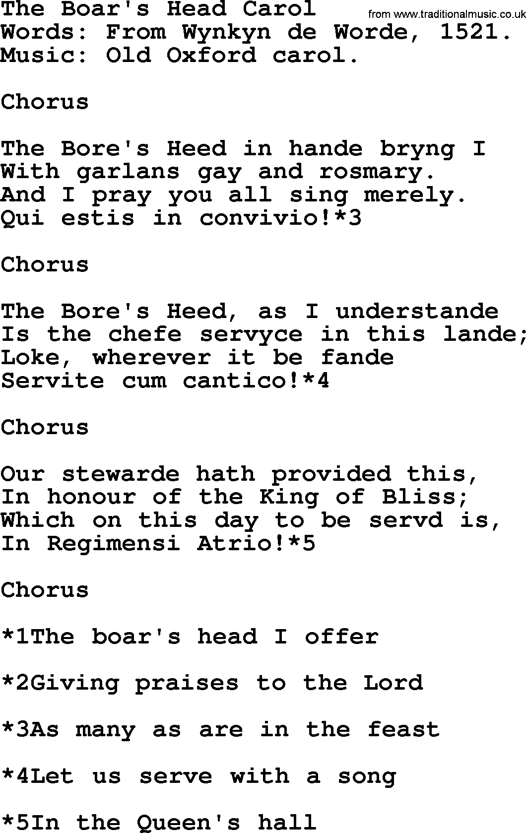 Christmas Hymns, Carols and Songs, title: The Boar's Head Carol, lyrics with PDF