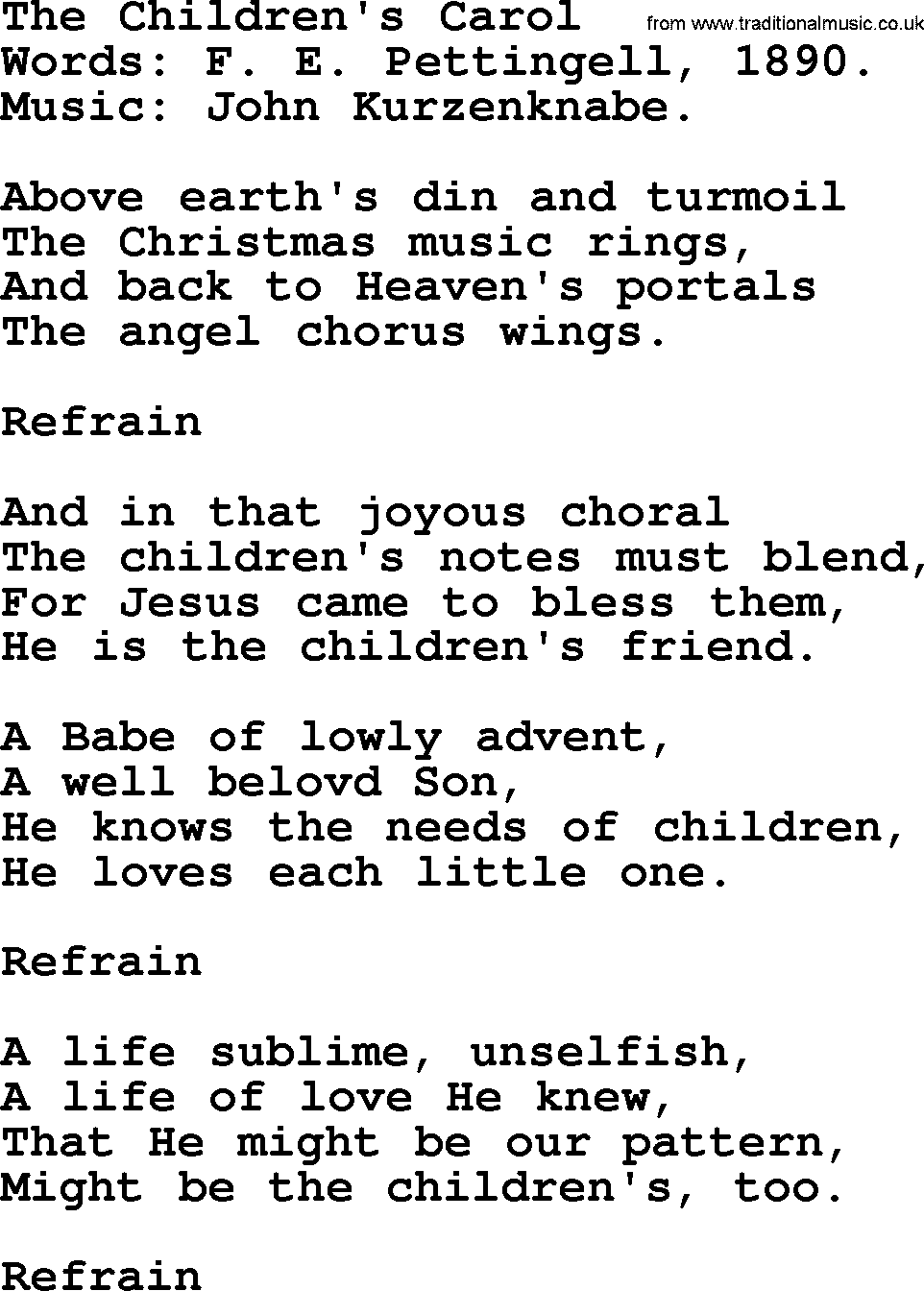Christmas Hymns, Carols and Songs, title: The Children's Carol, lyrics with PDF