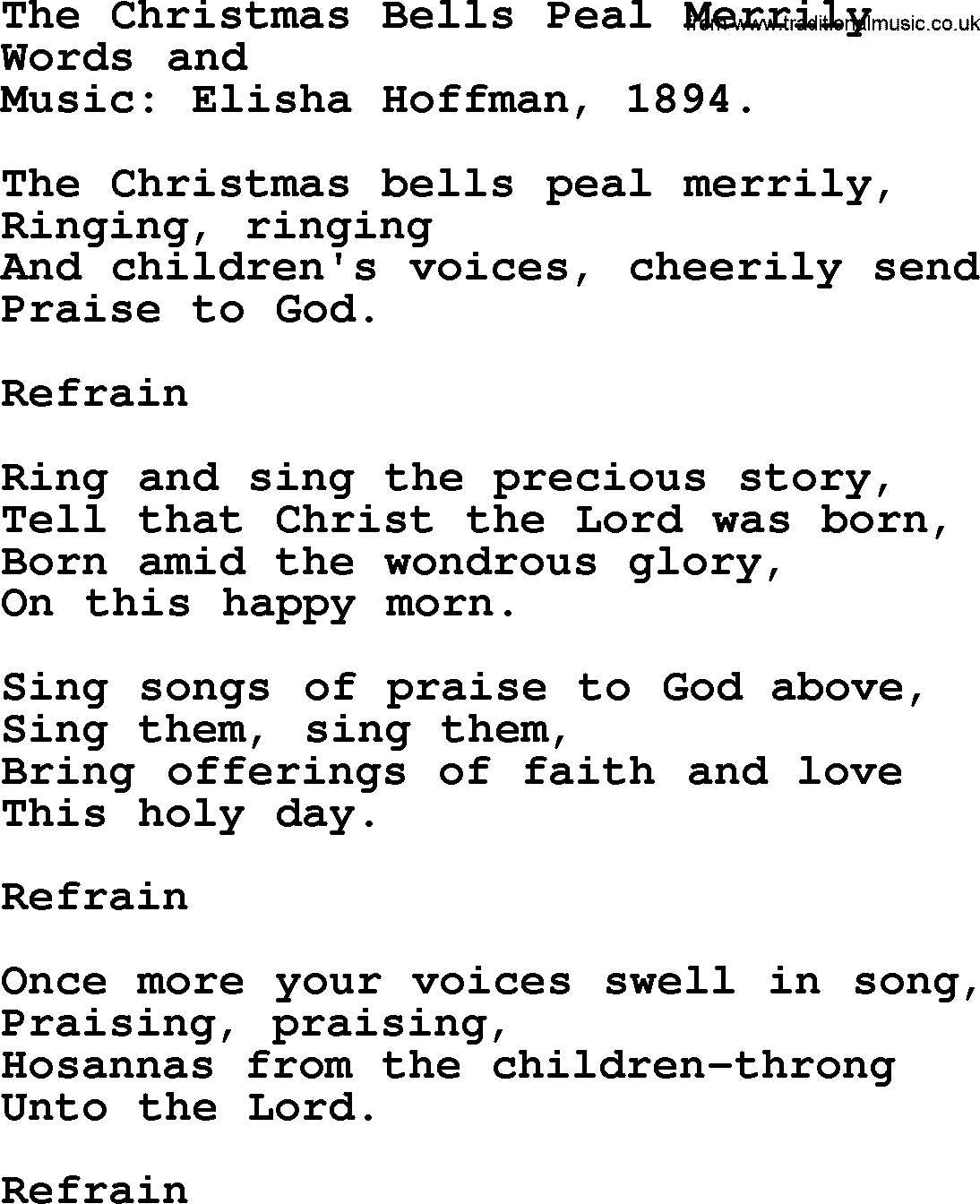 Christmas Hymns, Carols and Songs, title: The Christmas Bells Peal Merrily, lyrics with PDF
