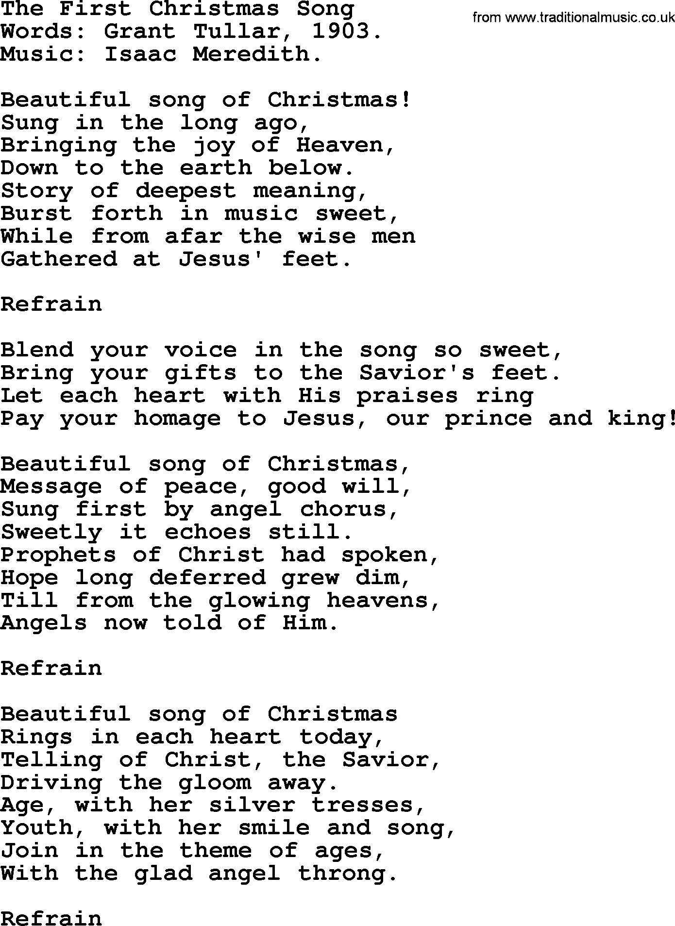 Christmas Hymns, Carols and Songs, title: The First Christmas Song, lyrics with PDF