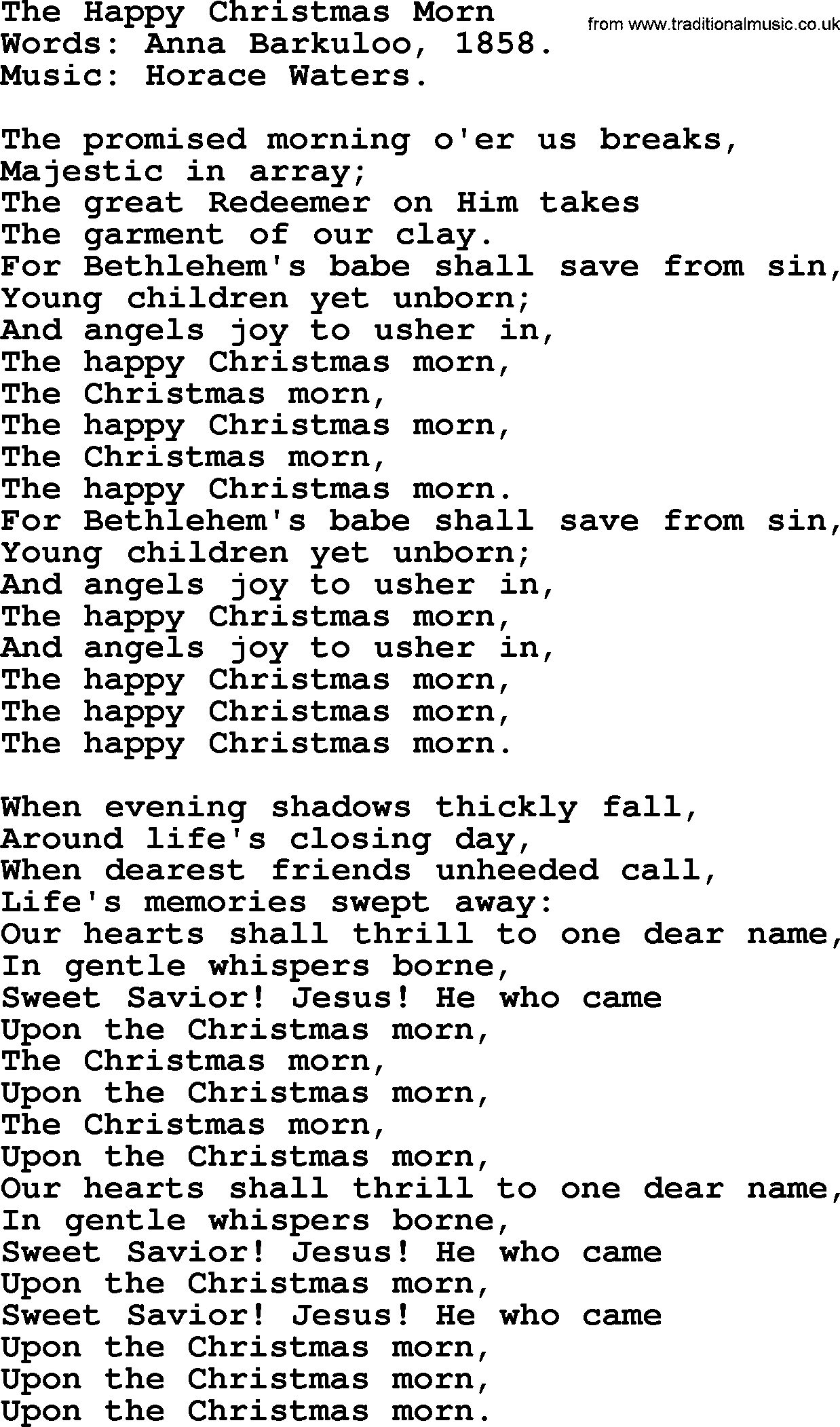 Christmas Hymns, Carols and Songs, title: The Happy Christmas Morn, lyrics with PDF