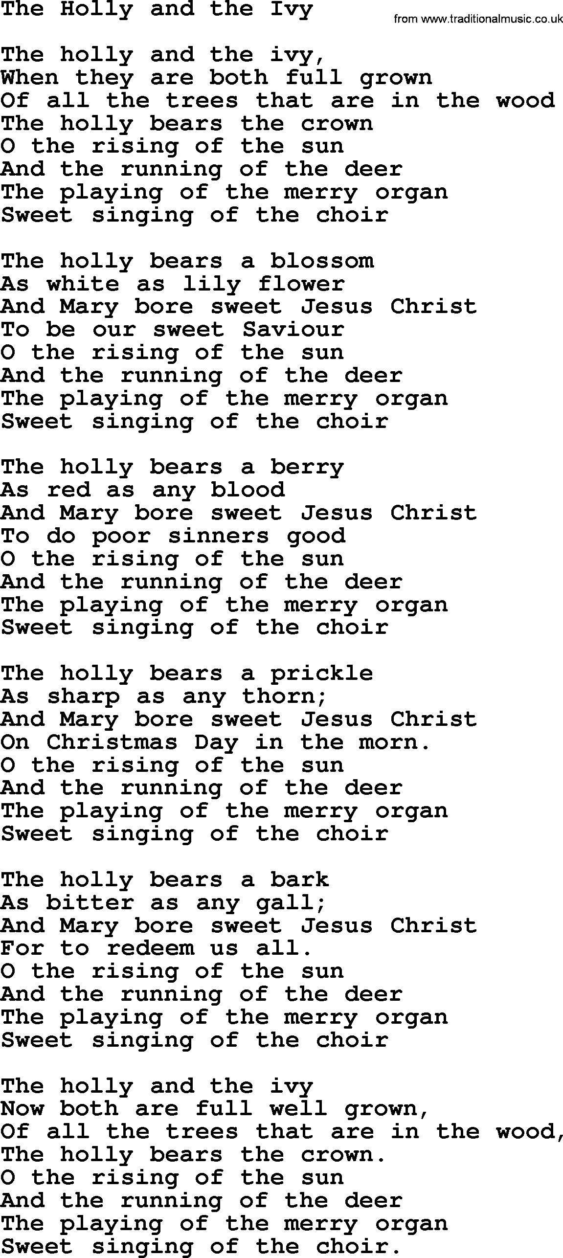 Christmas Hymns, Carols and Songs, title: The Holly And The Ivy - complete lyrics, and PDF