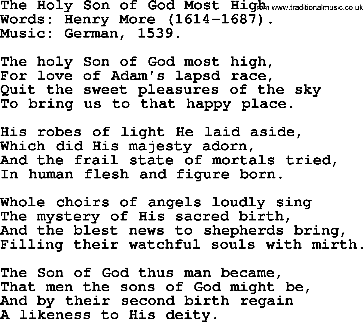 Christmas Hymns, Carols and Songs, title: The Holy Son Of God Most High, lyrics with PDF