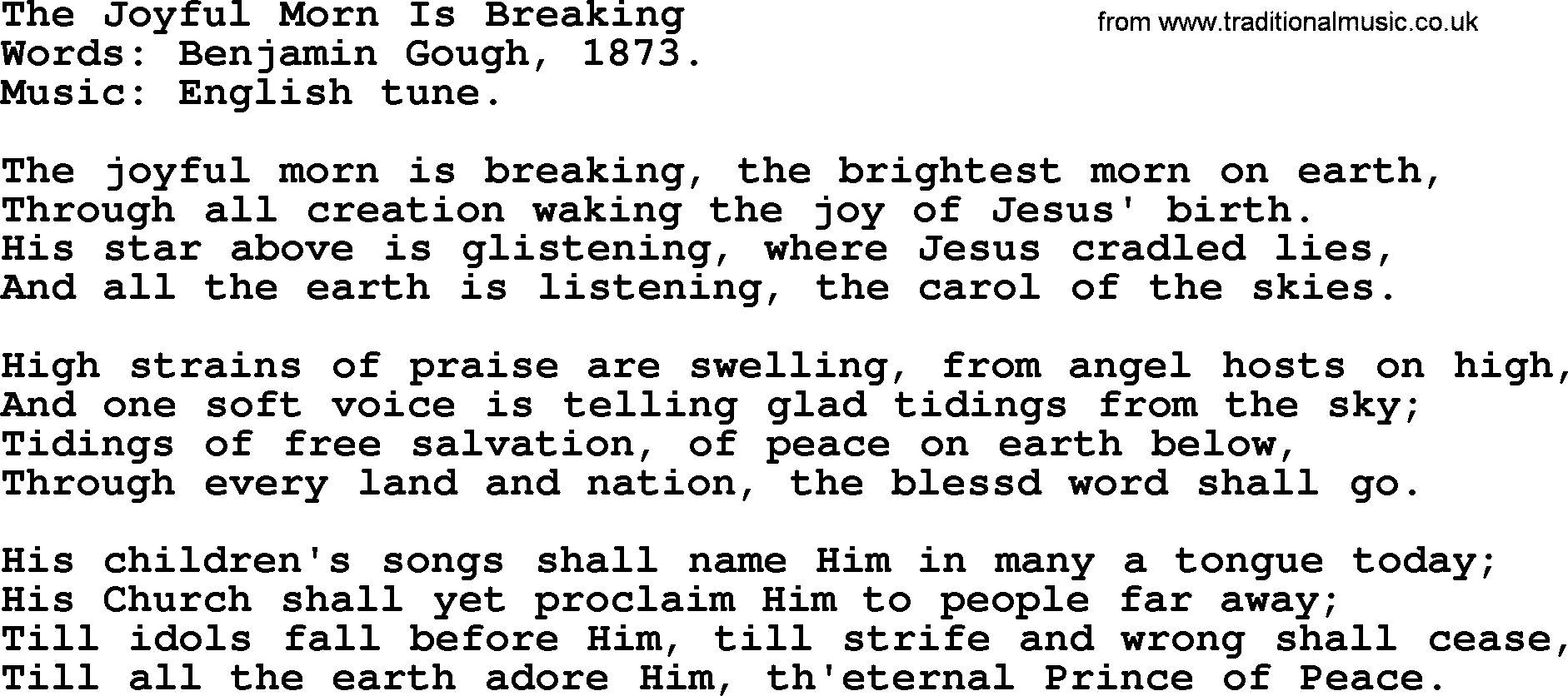 Christmas Hymns, Carols and Songs, title: The Joyful Morn Is Breaking, lyrics with PDF