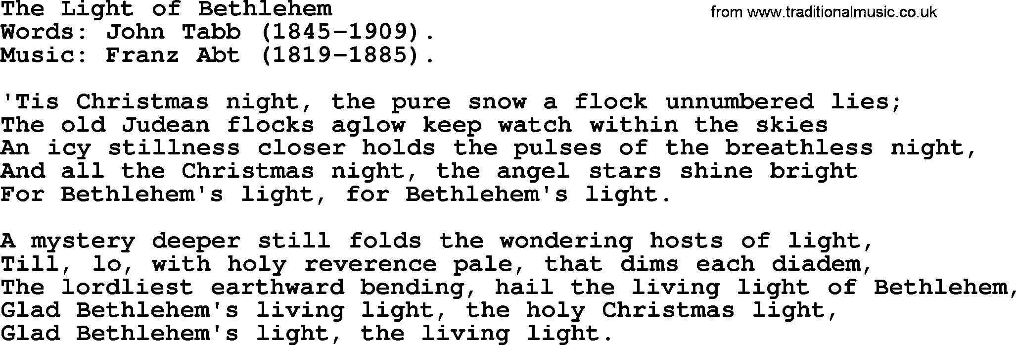 Christmas Hymns, Carols and Songs, title: The Light Of Bethlehem, lyrics with PDF