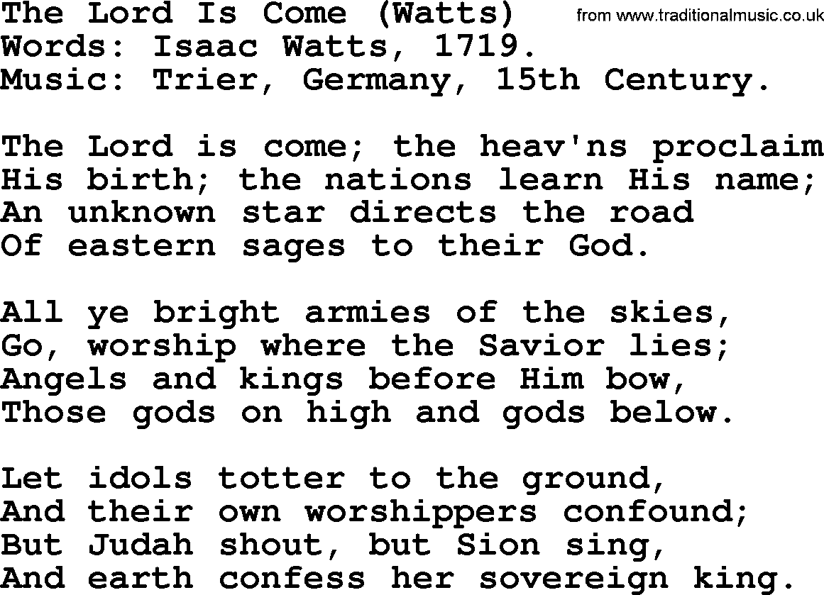 Christmas Hymns, Carols and Songs, title: The Lord Is Come (watts), lyrics with PDF
