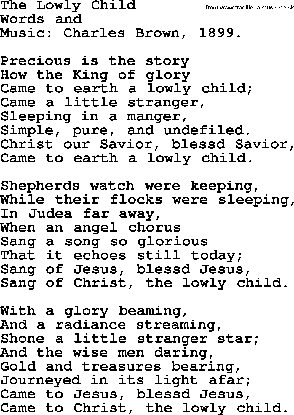 Christmas Hymns, Carols and Songs, title: The Lowly Child, lyrics with PDF
