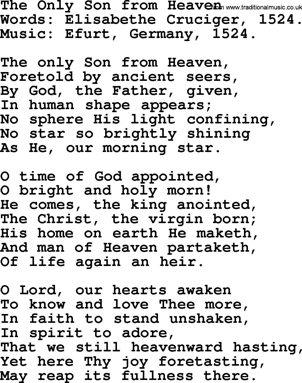 Christmas Hymns, Carols and Songs, title: The Only Son From Heaven, lyrics with PDF