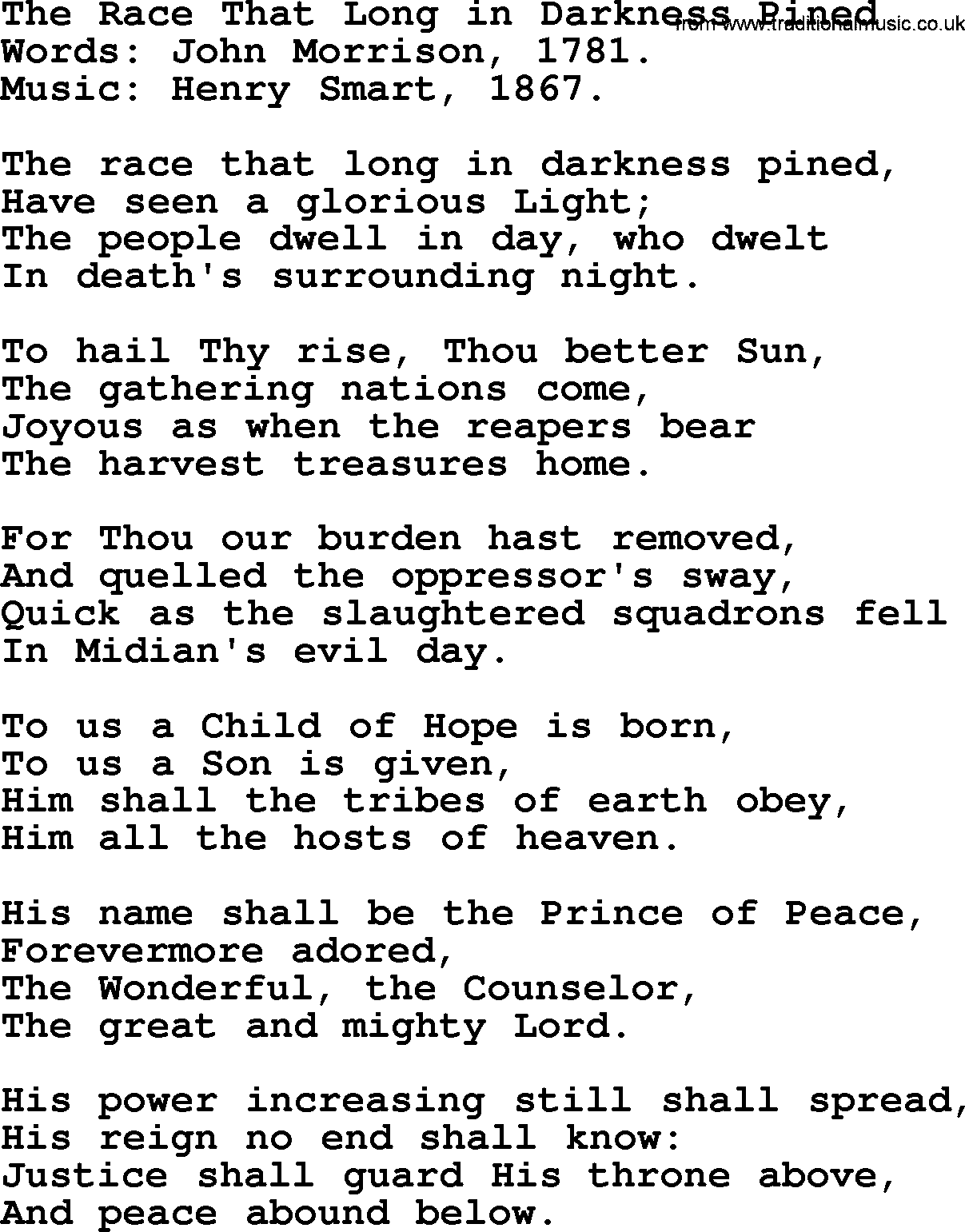 Christmas Hymns, Carols and Songs, title: The Race That Long In Darkness Pined, lyrics with PDF