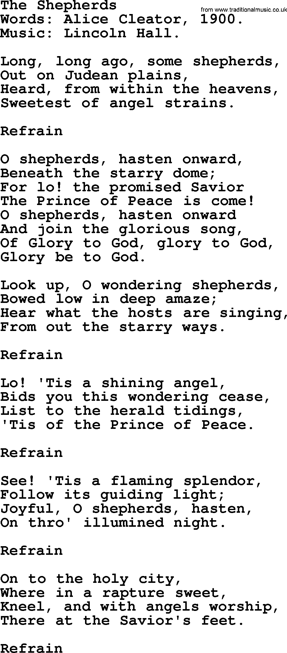 Christmas Hymns, Carols and Songs, title: The Shepherds, lyrics with PDF