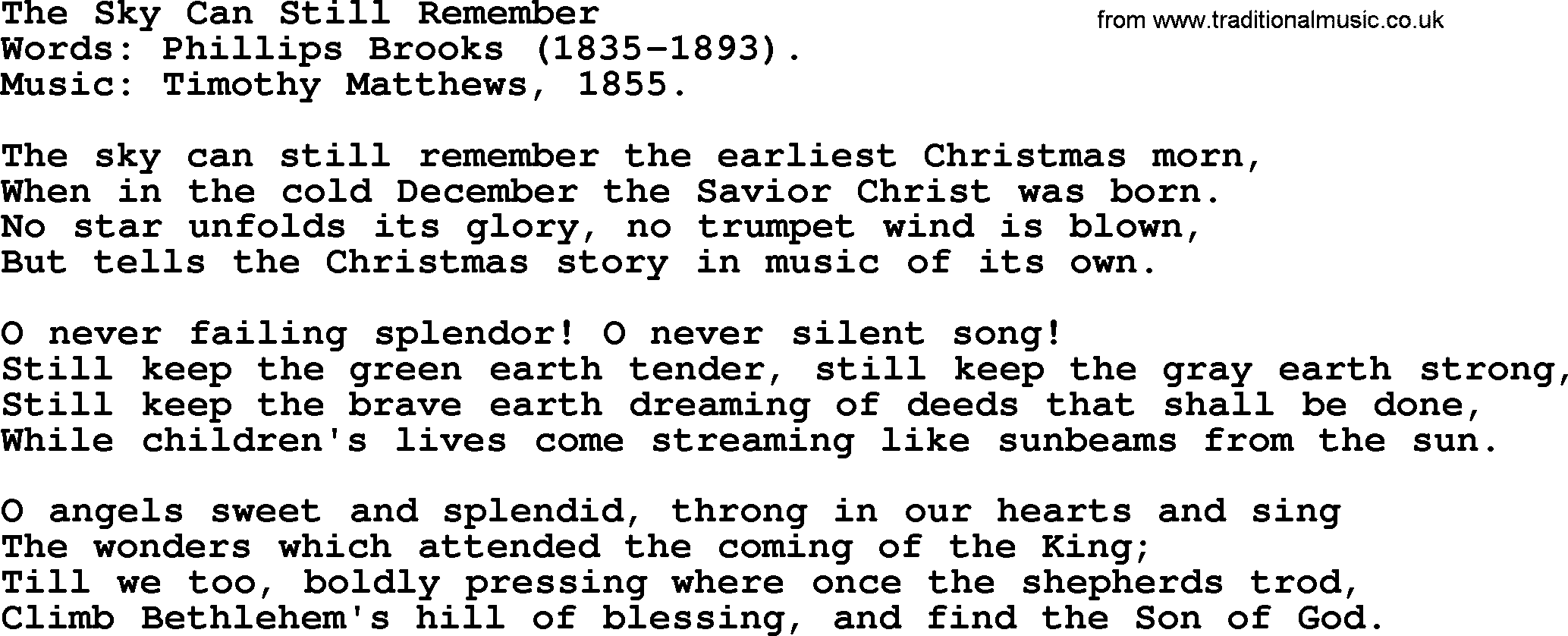 Christmas Hymns, Carols and Songs, title: The Sky Can Still Remember, lyrics with PDF