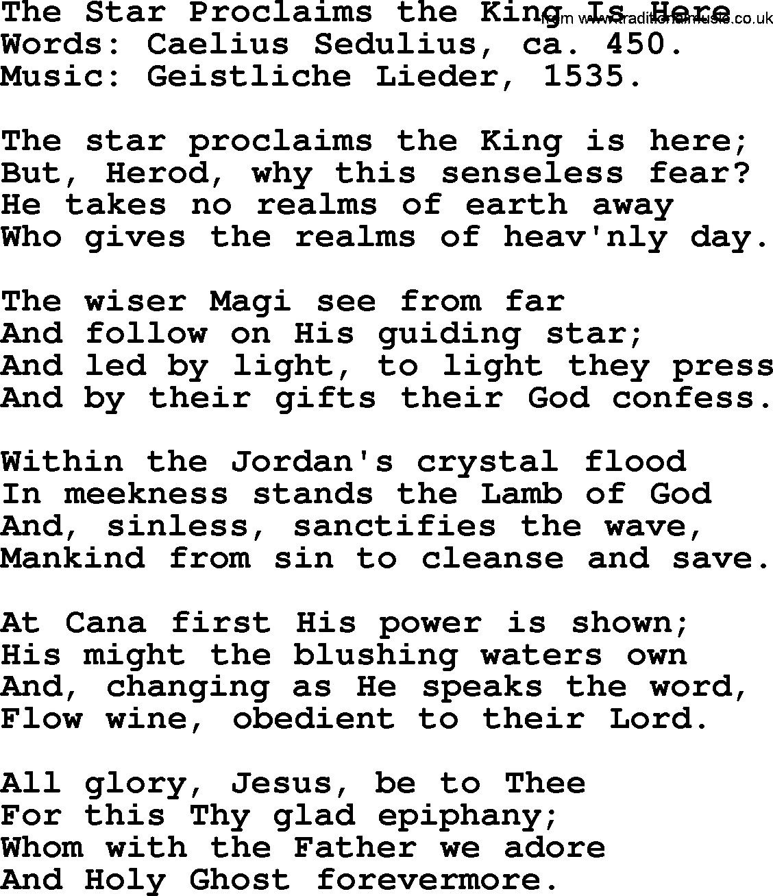 Christmas Hymns, Carols and Songs, title: The Star Proclaims The King Is Here, lyrics with PDF