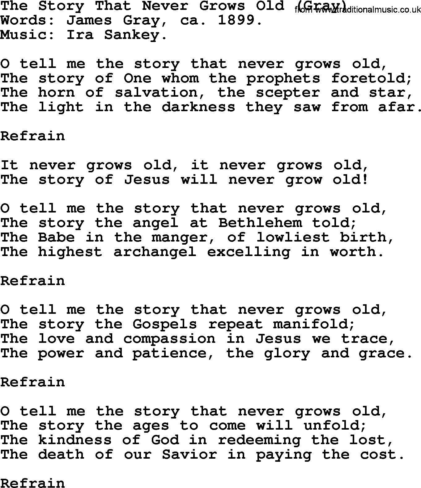 Christmas Hymns, Carols and Songs, title: The Story That Never Grows Old (gray), lyrics with PDF