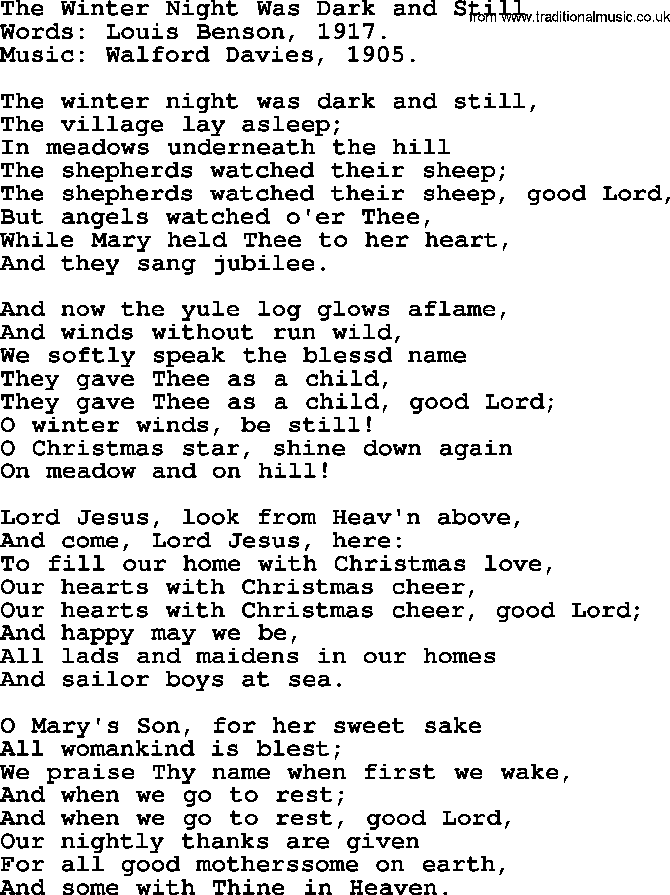 Christmas Hymns, Carols and Songs, title: The Winter Night Was Dark And Still, lyrics with PDF