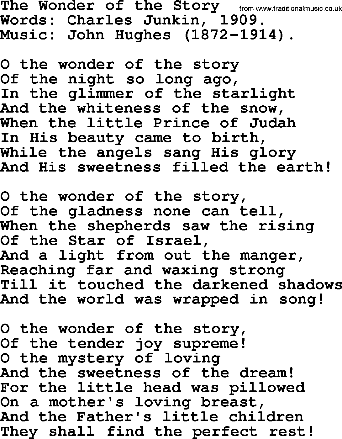 Christmas Hymns, Carols and Songs, title: The Wonder Of The Story, lyrics with PDF