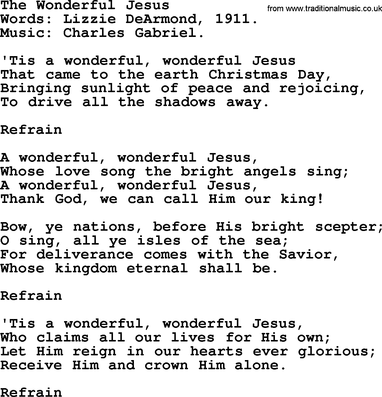 Christmas Hymns, Carols and Songs, title: The Wonderful Jesus, lyrics with PDF