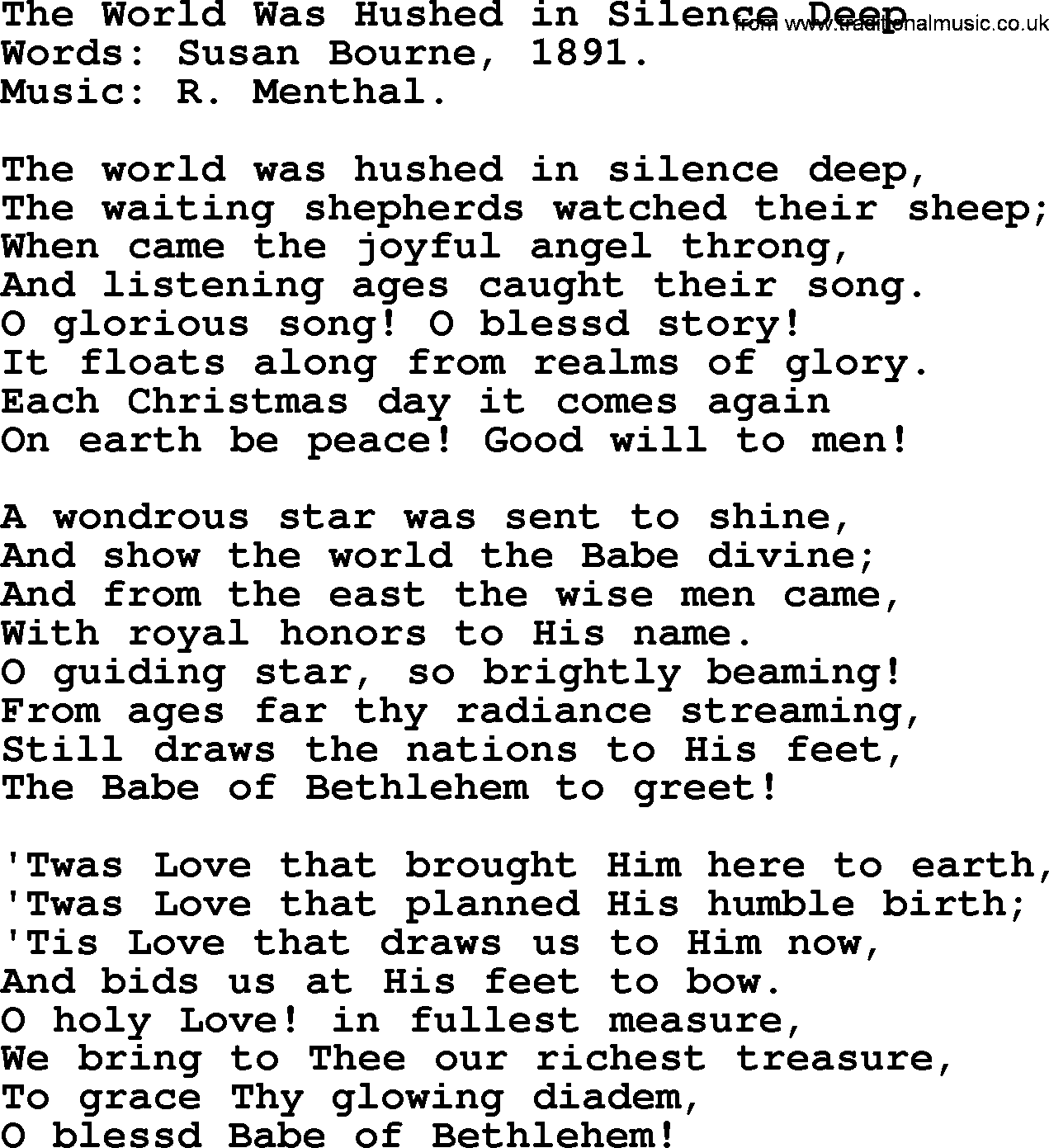 Christmas Hymns, Carols and Songs, title: The World Was Hushed In Silence Deep, lyrics with PDF