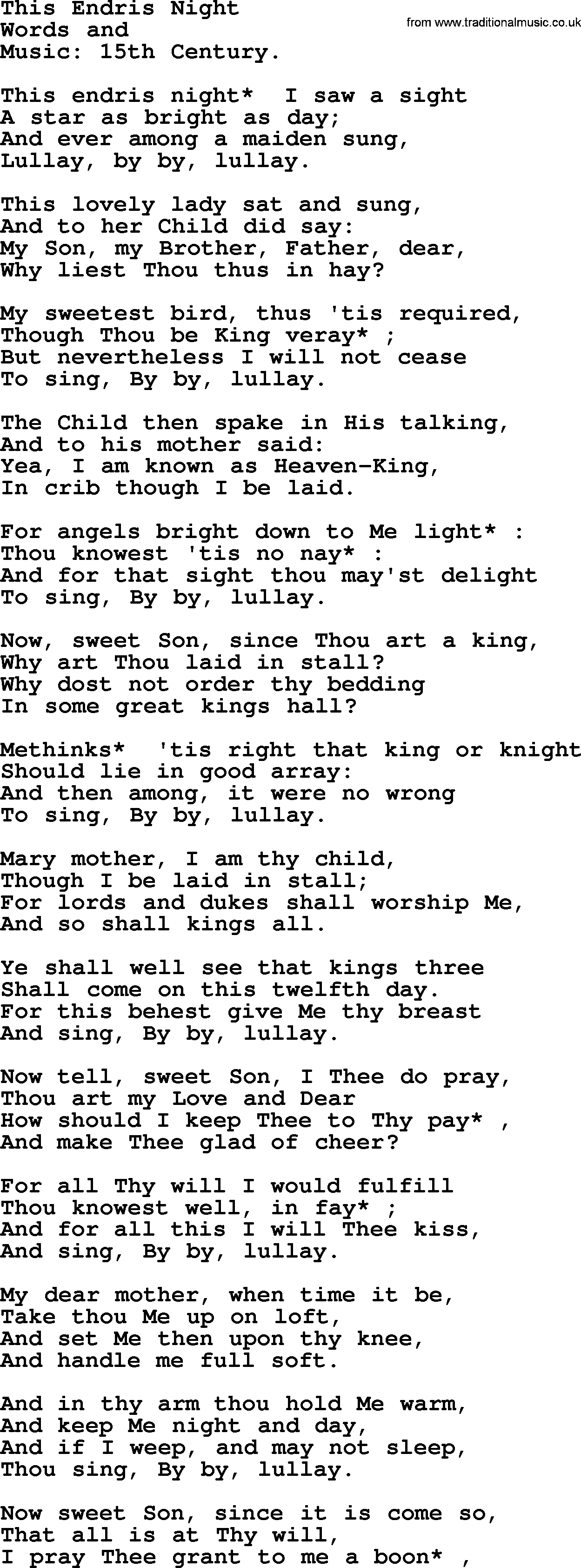 Christmas Hymns, Carols and Songs, title: This Endris Night, lyrics with PDF