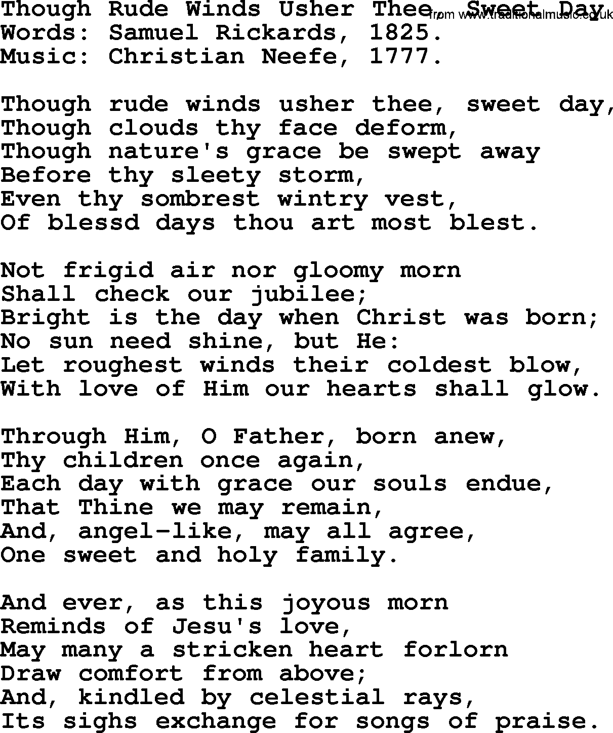 Christmas Hymns, Carols and Songs, title: Though Rude Winds Usher Thee, Sweet Day, lyrics with PDF