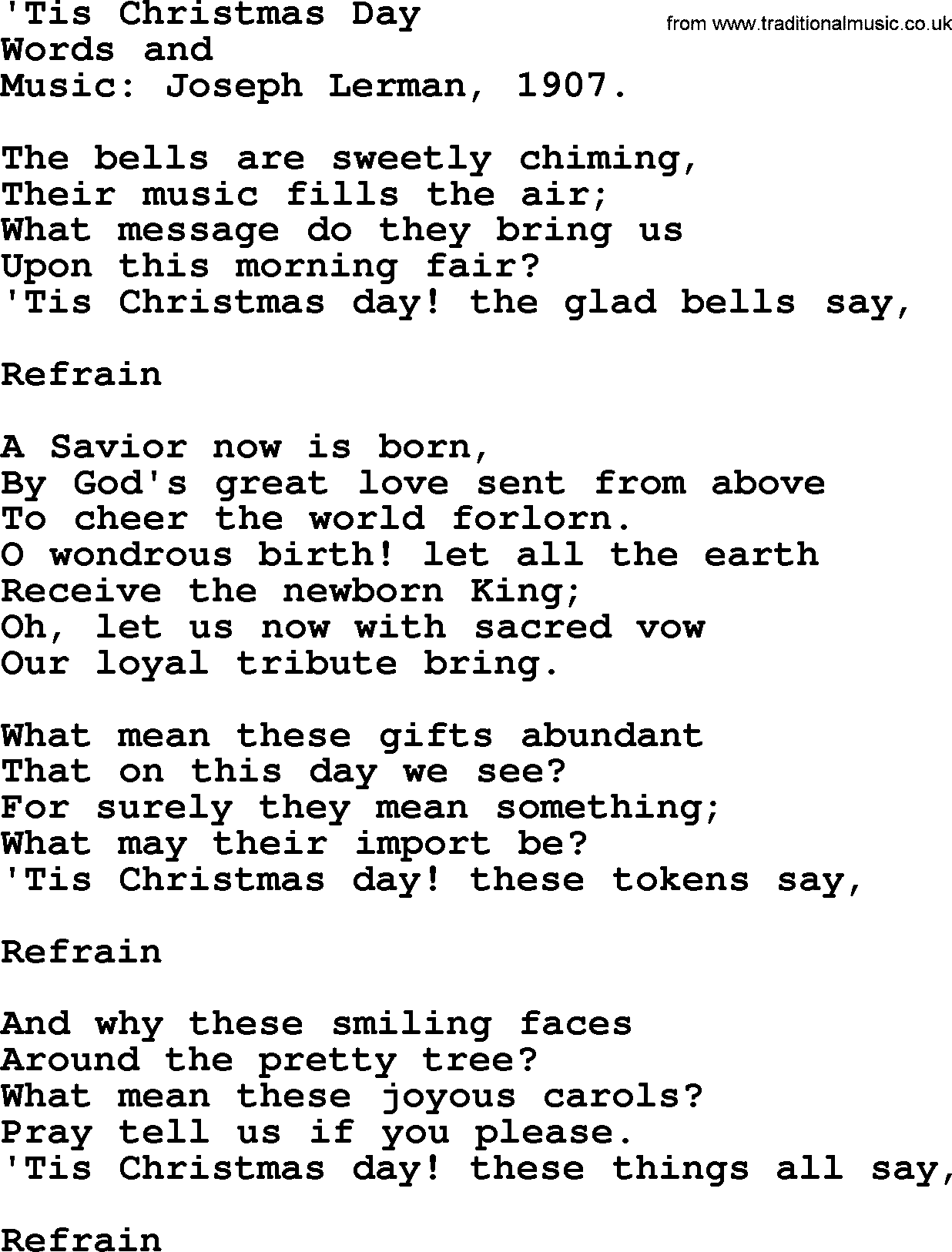 Christmas Hymns, Carols and Songs, title: 'tis Christmas Day, lyrics with PDF