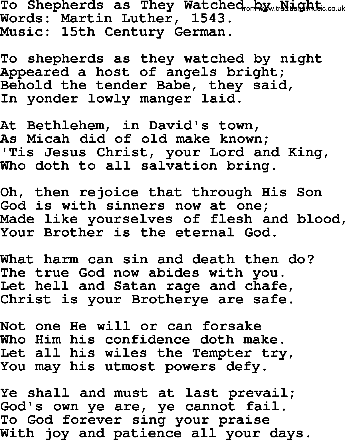 Christmas Hymns, Carols and Songs, title: To Shepherds As They Watched By Night, lyrics with PDF