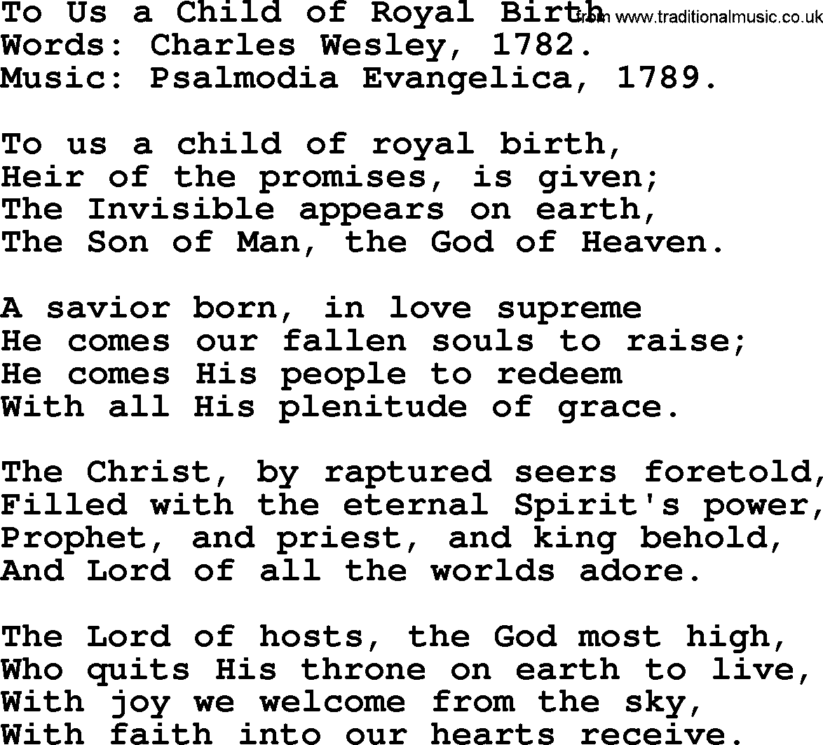Christmas Hymns, Carols and Songs, title: To Us A Child Of Royal Birth, lyrics with PDF