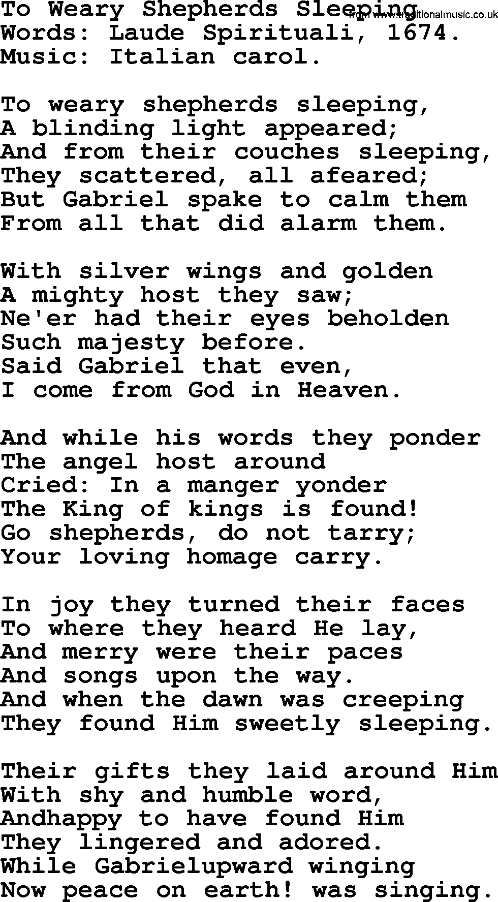 Christmas Hymns, Carols and Songs, title: To Weary Shepherds Sleeping, lyrics with PDF