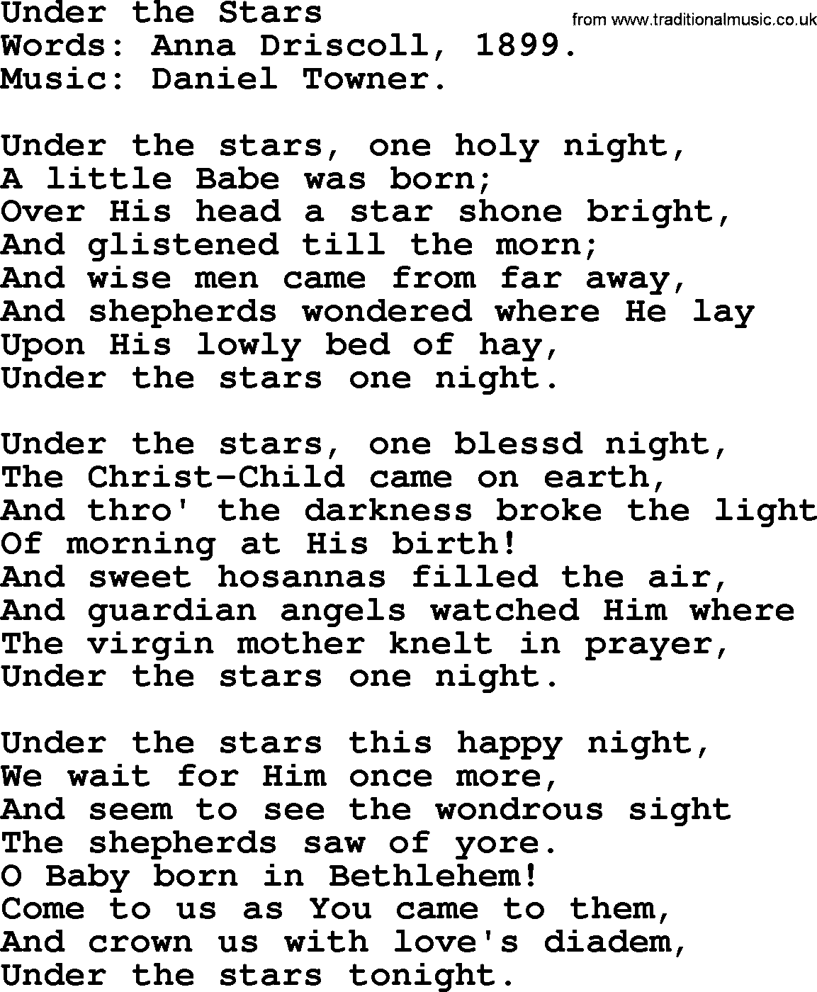 Christmas Hymns, Carols and Songs, title: Under The Stars, lyrics with PDF