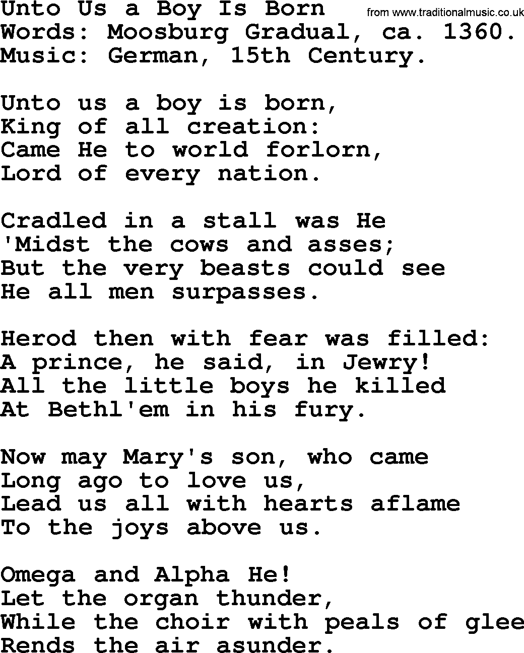 Christmas Hymns, Carols and Songs, title: Unto Us A Boy Is Born, lyrics with PDF