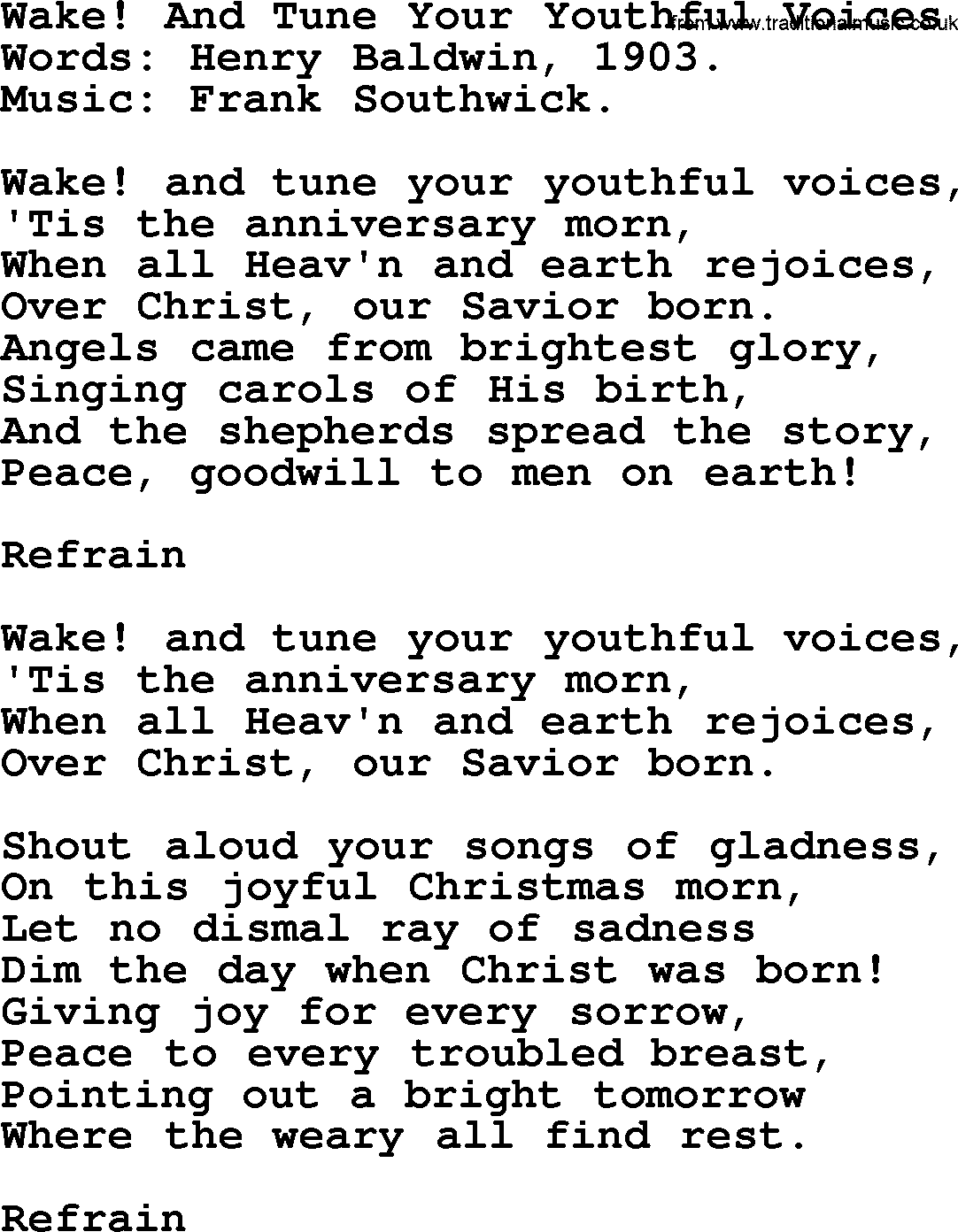 Christmas Hymns, Carols and Songs, title: Wake! And Tune Your Youthful Voices, lyrics with PDF