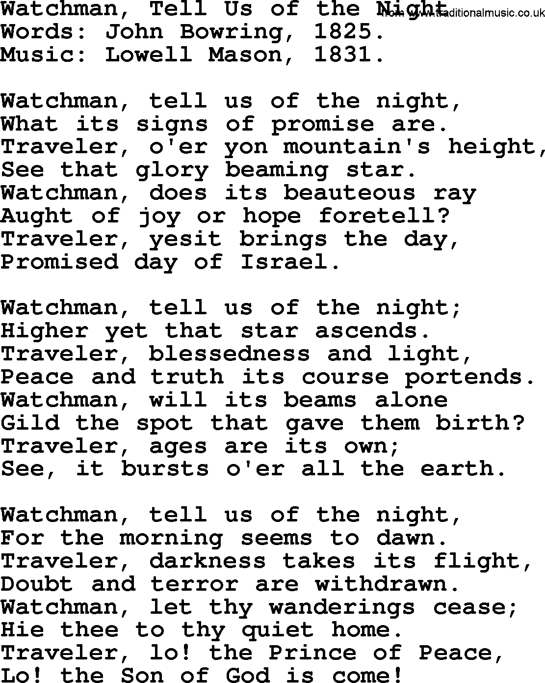 Christmas Hymns, Carols and Songs, title: Watchman, Tell Us Of The Night, lyrics with PDF