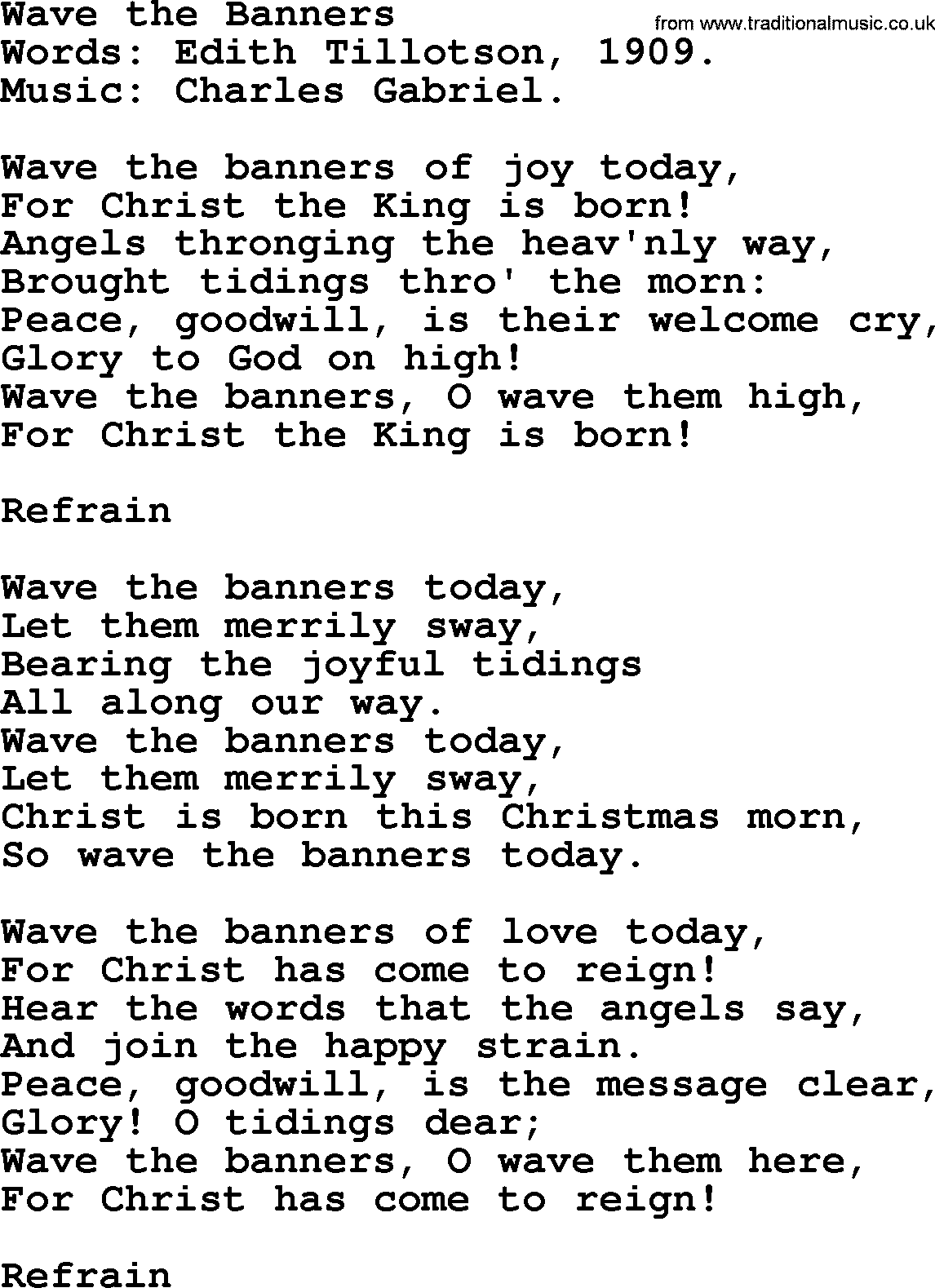Christmas Hymns, Carols and Songs, title: Wave The Banners, lyrics with PDF