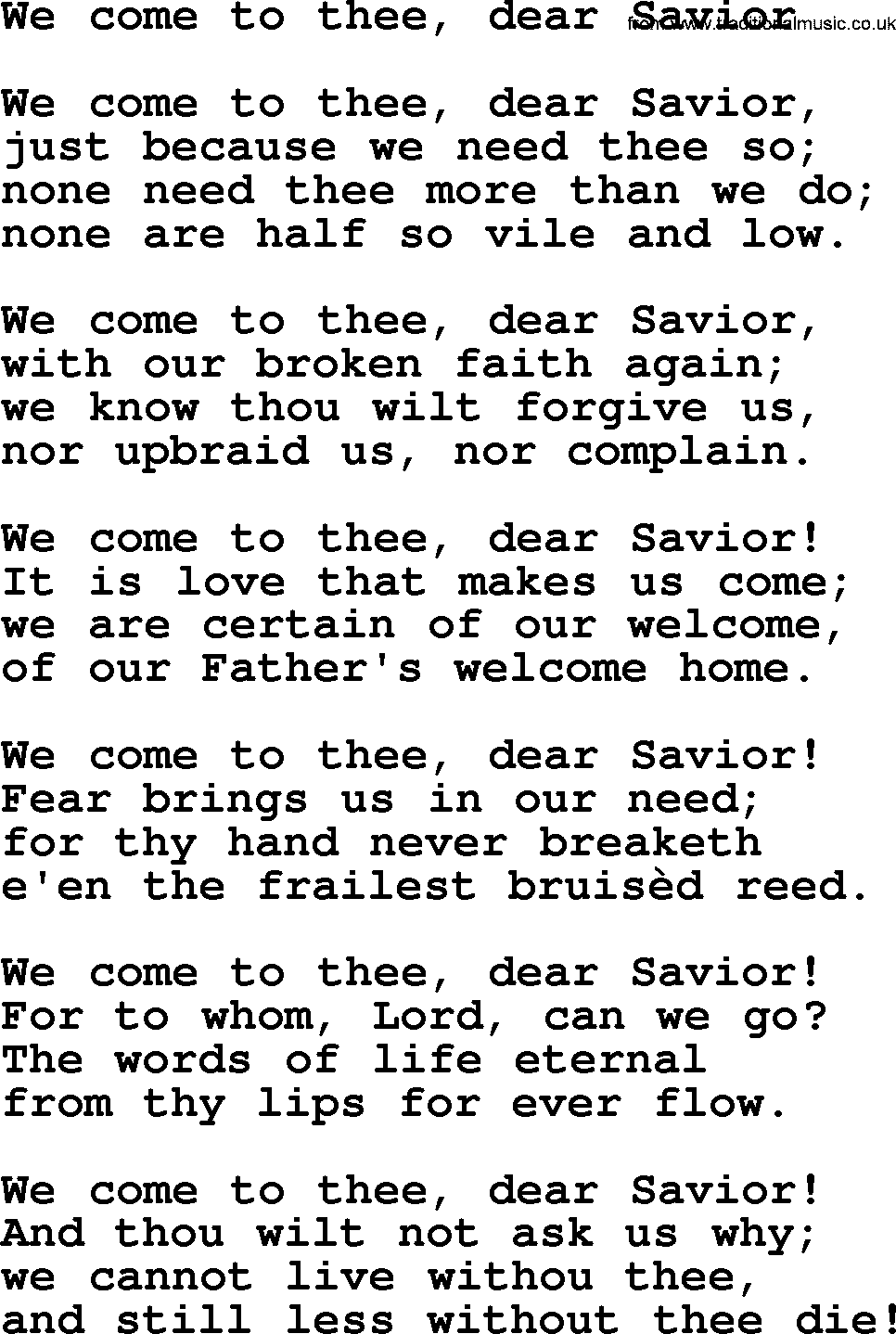 Christmas Hymns, Carols and Songs, title: We Come To Thee, Dear Savior, lyrics with PDF