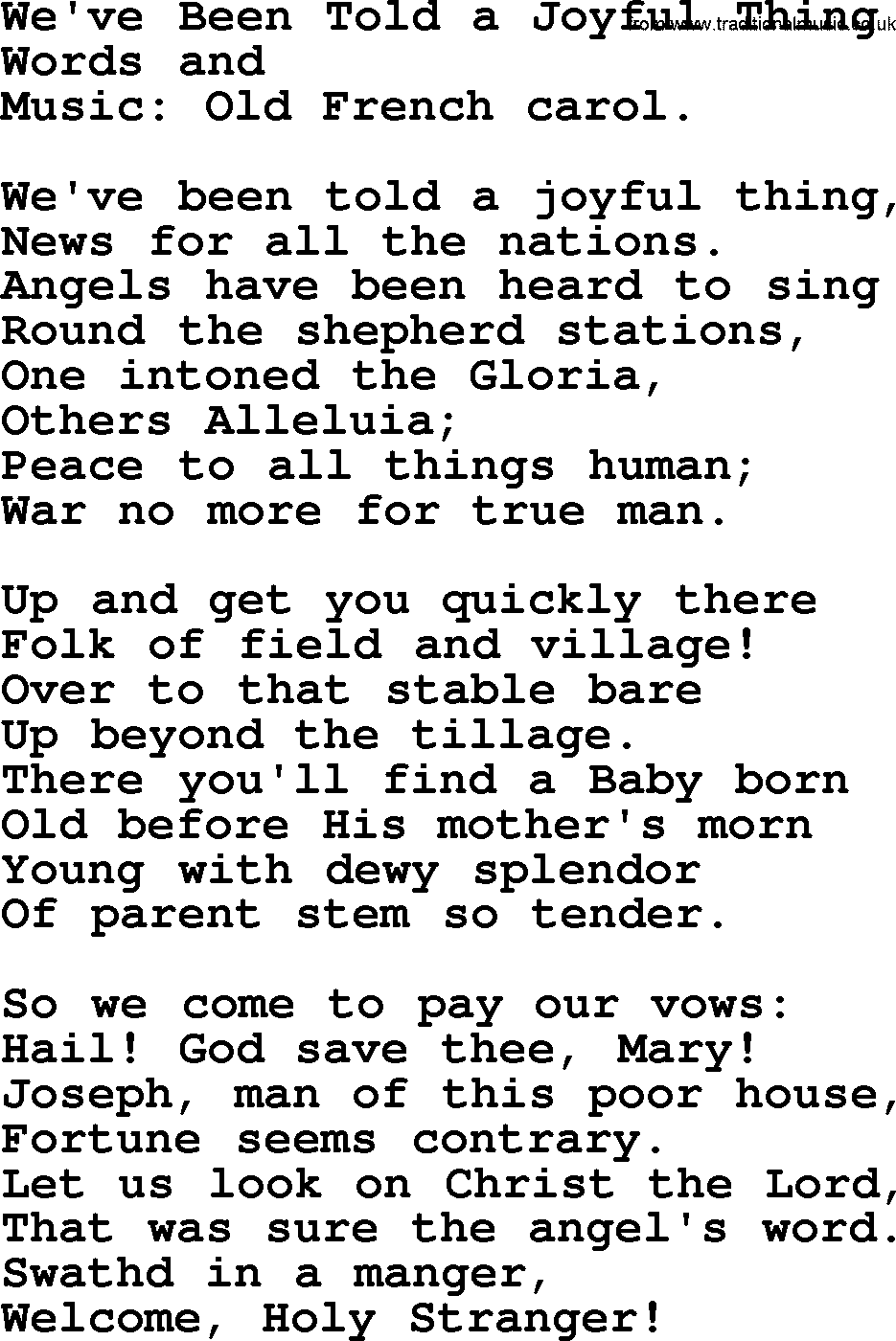 Christmas Hymns, Carols and Songs, title: We've Been Told A Joyful Thing, lyrics with PDF