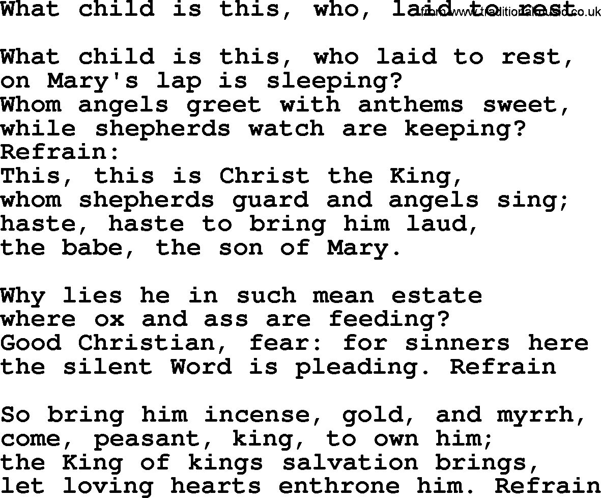 Christmas Hymns, Carols and Songs, title: What Child Is This, Who, Laid To Rest, lyrics with PDF